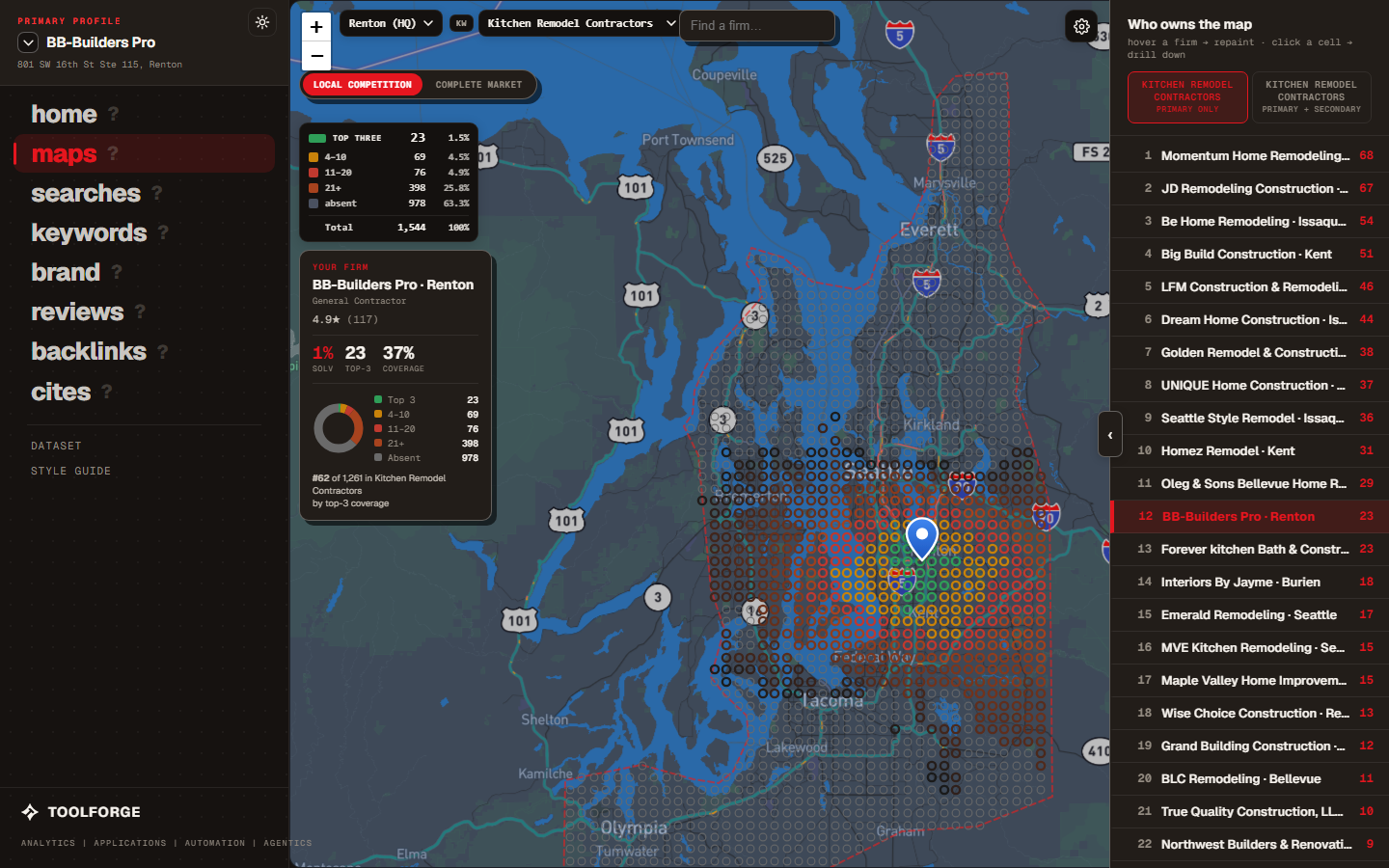 The Map Dominance module: the Puget Sound ranking grid with a live leaderboard of every firm on the map.