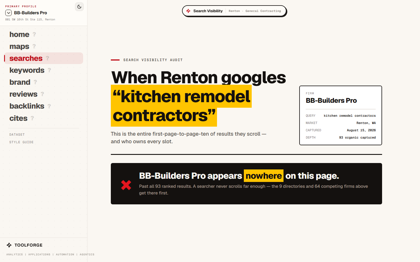 The Search Visibility module: the full first ten pages of Google results for a Renton search, annotated.